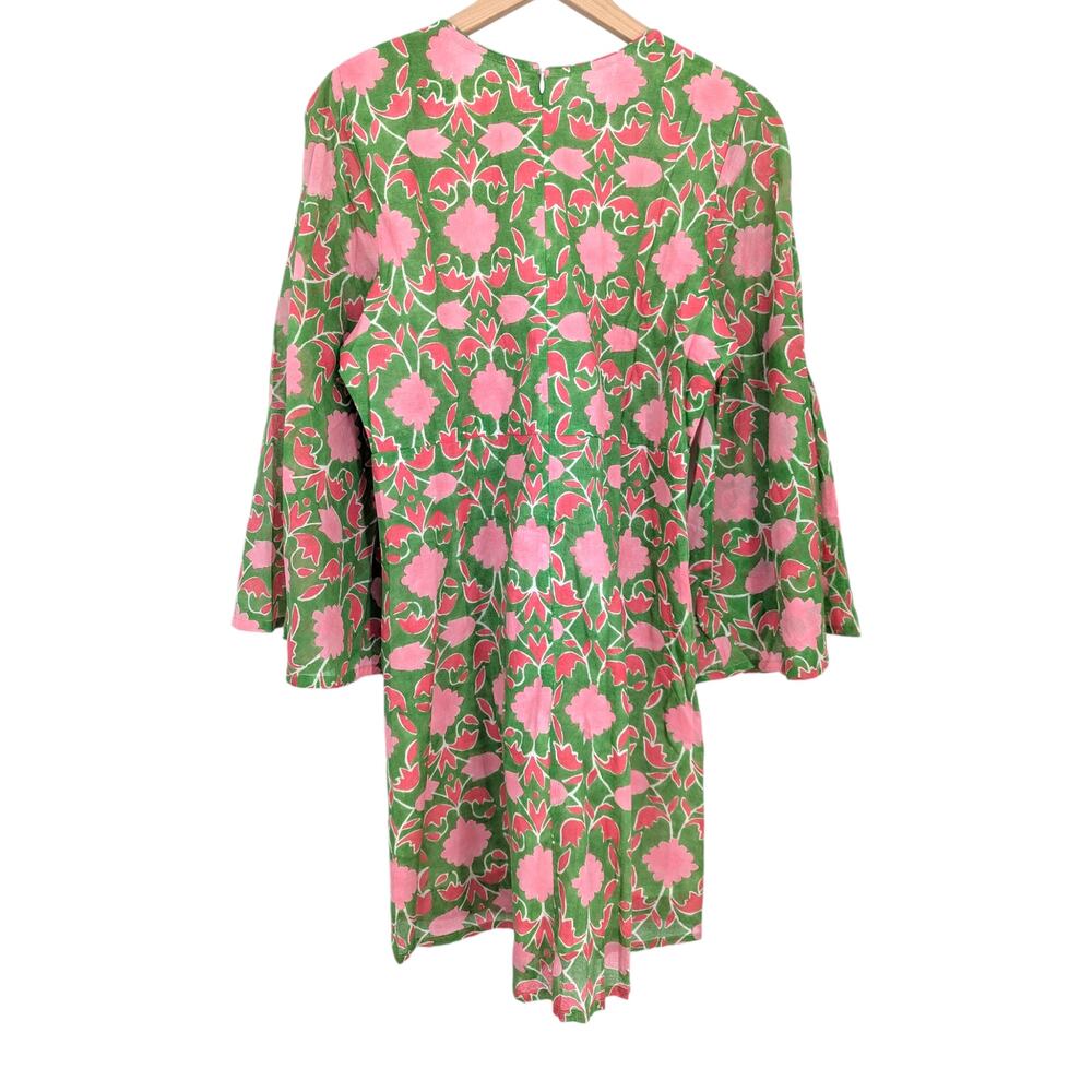 SZ Blockprints Floral Mini Dress Pink Green Block Print Boho Shift L NWT - Picture 3 of 5